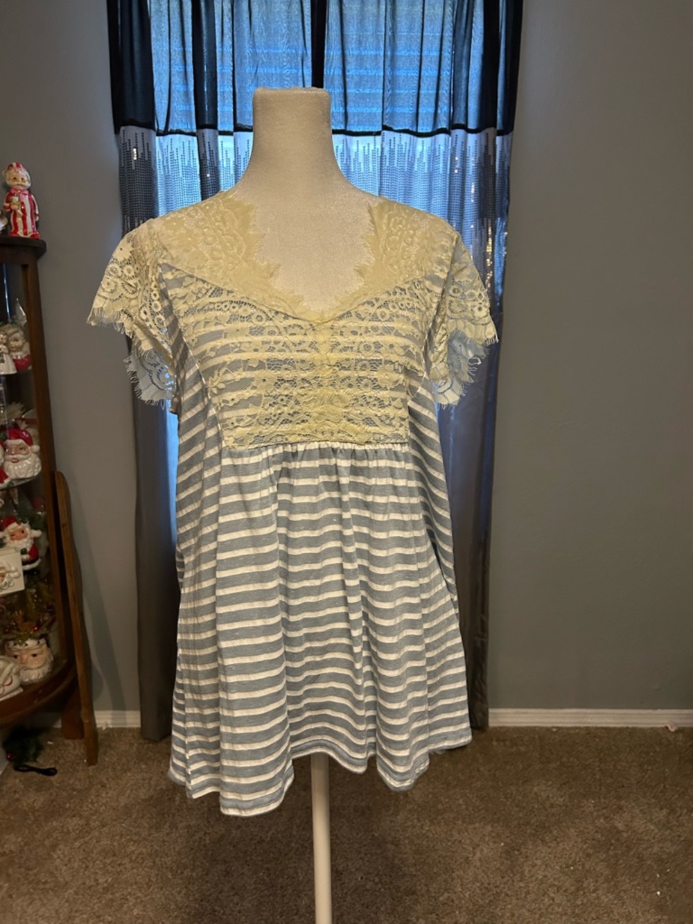Umgee Blue & Cream Striped Lace Yoke Tunic